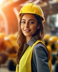 Beatiful confidence woman builder worker in uniform and safety helmet smilling. Labour day. 