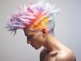 young caucasian man with rainbow hairstyle. People lifestyle fashion lgbtq concept. AI generative