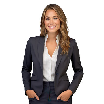 woman dressed in  tailored blazer in charcoal gray, a white button-down shirt with subtle pinstripes, and tailored trousers in a rich charcoal gray, isolated on a transparent white background 