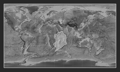Somalian tectonic plate. Grayscale. Patterson Cylindrical. Earthquakes and boundaries