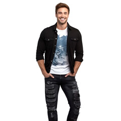 Fototapeta premium man dressed in dark wash jeans, black T-shirt with a graphic design, black cardigan, isolated on a transparent white background 