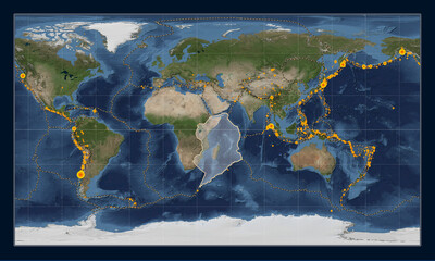 Somalian tectonic plate. Satellite. Patterson Cylindrical. Earthquakes and boundaries