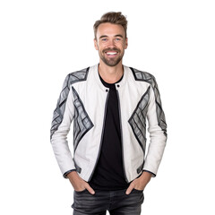Fototapeta premium man dressed in dark wash jeans, black T-shirt, white leather jacket, isolated on a transparent white background 
