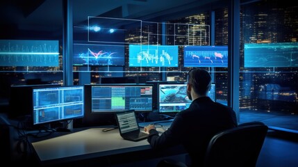 Fototapeta premium Network operations center ( NOC) with technicians monitoring network traffic, troubleshooting issues, and ensuring network performance