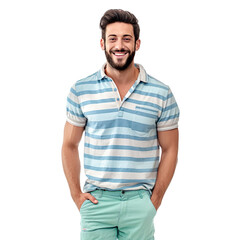 man dressed in  light wash denim shorts, striped polo shirt, isolated on a transparent white background 