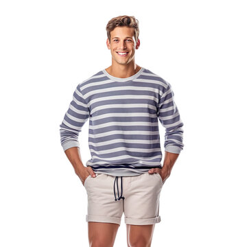 man dressed in light gray shorts, purple and grey crew-neck sweater isolated on a transparent white background 