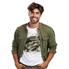 man dressed in olive green cargo pants, white graphic T-shirt, olive green denim jacket isolated on a transparent white background 