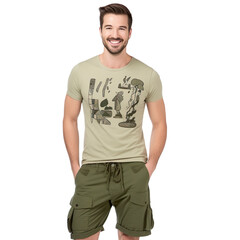 Fototapeta premium man dressed in olive green cargo shorts, lime green graphic T-shirt with a unique design isolated on a transparent white background 