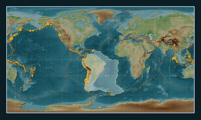 South American tectonic plate. Wiki. Patterson Cylindrical. Earthquakes and boundaries