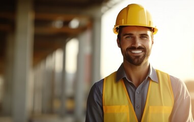 Beatiful confidence man builder worker in uniform and safety helmet smilling. Labour day. 