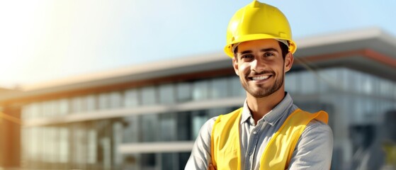 Beatiful confidence man builder worker in uniform and safety helmet smilling. Labour day. 