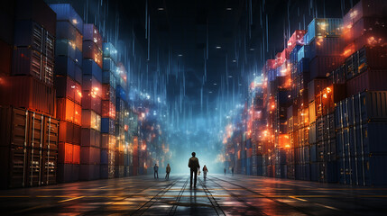 Visualizing Global Trade: Warehouse Wall Mural and Colorful Containers, Generative AI