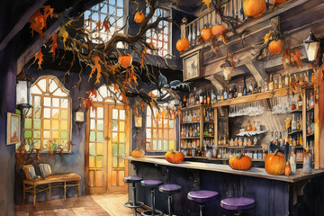 Halloween cafe interior design with pumpkin. Generative AI