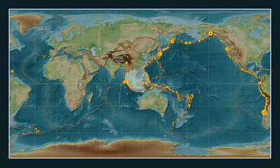 Sunda tectonic plate. Wiki. Patterson Cylindrical. Earthquakes and boundaries