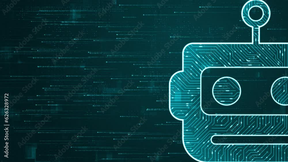 Poster motion graphic of blue digital robot head logo and futuristic hud technology circuit board with icon