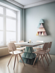 Dining table, in a therapeutic environment, conical table and chairs, pastel colors, pyramid furniture, overcast shadow volumetric, volumetric and minimal