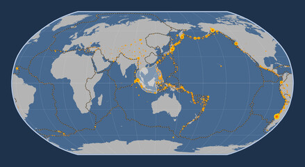 Sunda tectonic plate. Contour. Robinson. Earthquakes and boundaries