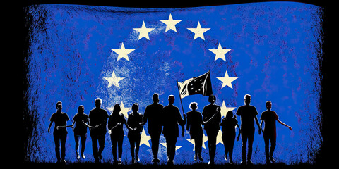 European Unity: Silhouettes of People Holding the Flag of EU - Generative AI - obrazy, fototapety, plakaty