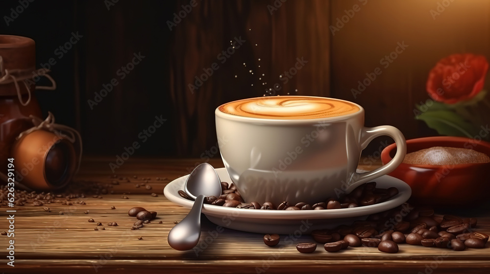 Wall mural cup of coffee with heart shape smoke and coffee beans. generative ai