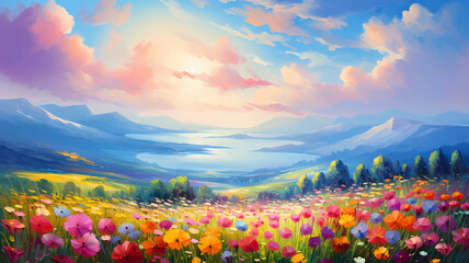  beautiful landscape with a vibrant sky and a field of flowers.