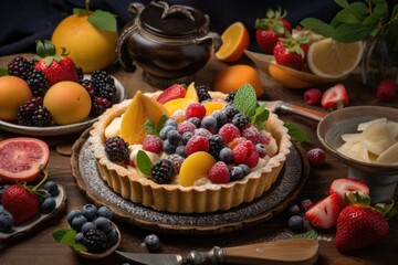 Fototapeta na wymiar Fruit tart with shortcrust pastry, Colorful assortment of fresh fruits, Smooth and creamy custard filling, Dusting of powdered sugar, Classic and elegant. Generative AI.