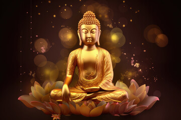 Buddha golden statue decorated with lotus blossoms, generative AI	