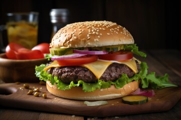 Classic burger on the wooden table, Juicy beef patty, Melted cheese, Crisp lettuce and sliced tomatoes, Pickles and onions, Toasted sesame seed bun, All-American favorite. Generative AI.