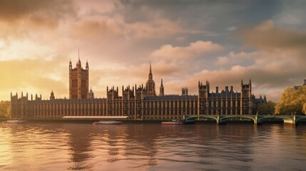Panoramic view of the iconic Palace of Westminster and Big Ben, Generative AI.