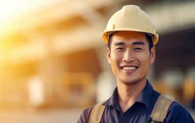 Beatiful confidence asian man builder worker in uniform and safety helmet smilling. Labour day. 