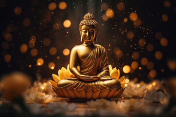 Obraz premium Buddha golden statue decorated with lotus blossoms, generative AI 