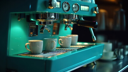 Espresso poruing from coffee machine at cafe. Generative Ai
