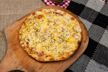 Brazilian pizza with mushroom, cheese and oregano