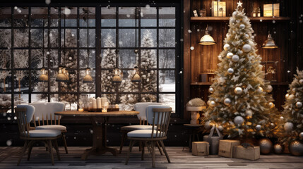 Fototapeta na wymiar Christmas cafe interior with tree. Generative AI