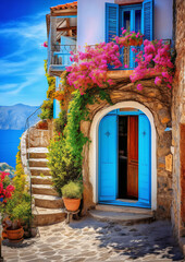 Fototapeta na wymiar Old turquoise-colored house made of stone, the door is a gate, wild flowers and a tree with blossoms grow on the gate and window, the sea can be seen in the background, strong colors 
