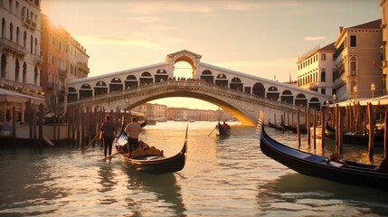 Fototapeta na wymiar Romantic gondola ride near the iconic Rialto Bridge in Venice, Italy.