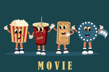 The heroes of the film are depicted in a retro style. Ticket and camera, popcorn and cola in the 90s style. In warm colors.  For posters, banners, Tickets and stickers.