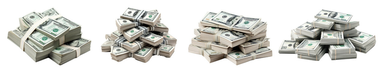 Money Pile of packs of hundred dollar bills stacks isolated on transparent background - obrazy, fototapety, plakaty
