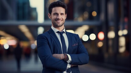 Fototapeta premium Portrait of handsome businessman looking at camera and smiling outdoors. Generative Ai.