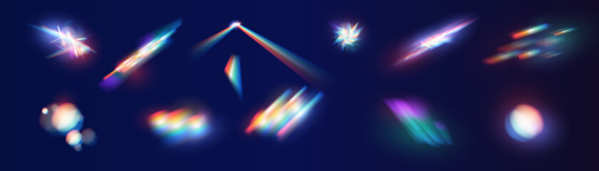 Set of colorful vector lenses and light flares with transparent effects. Iridescent crystal leak glare reflection effect. Optical rainbow lights, glare, leak, streak overlay. falling confetti. Vector