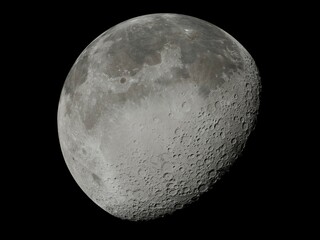 Moon surface full moon super moon close up in the night. Detail of the lunar surface in black