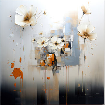 Oil and acrylic painting, abstract painting white flowers with textures.