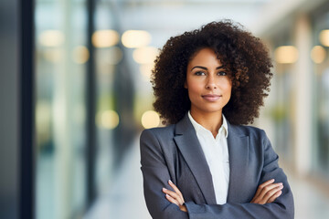 Obraz premium A portrait of a confident and proud African American woman symbolizing powerful corporate leadership. A representation of diversity and strength in the business world