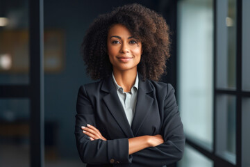 A portrait of a confident and proud African American woman symbolizing powerful corporate leadership. A representation of diversity and strength in the business world