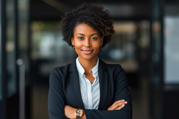 A portrait of a confident and proud African American woman symbolizing powerful corporate leadership. A representation of diversity and strength in the business world - Powered by Adobe