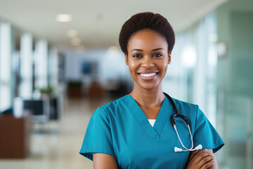 Proud and compassionate African American nurse in a hospital, smiling and embodying the dedication and warmth of healthcare professionals