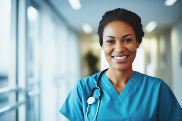 Proud and compassionate African American nurse in a hospital, smiling and embodying the dedication and warmth of healthcare professionals