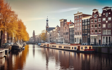 Fototapeta premium Channel in Amsterdam Netherlands houses river Amstel landmark, Generative AI.