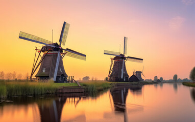 Fototapeta na wymiar Windmills in Kinderdijk at sunset, The Netherlands, Generative AI.