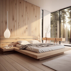 Modern wooden bedroom design, neutral colors in winter season, Minimal Scandinavian room style, wall mockup