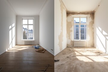 empty room before and after renovation, ai generated - obrazy, fototapety, plakaty